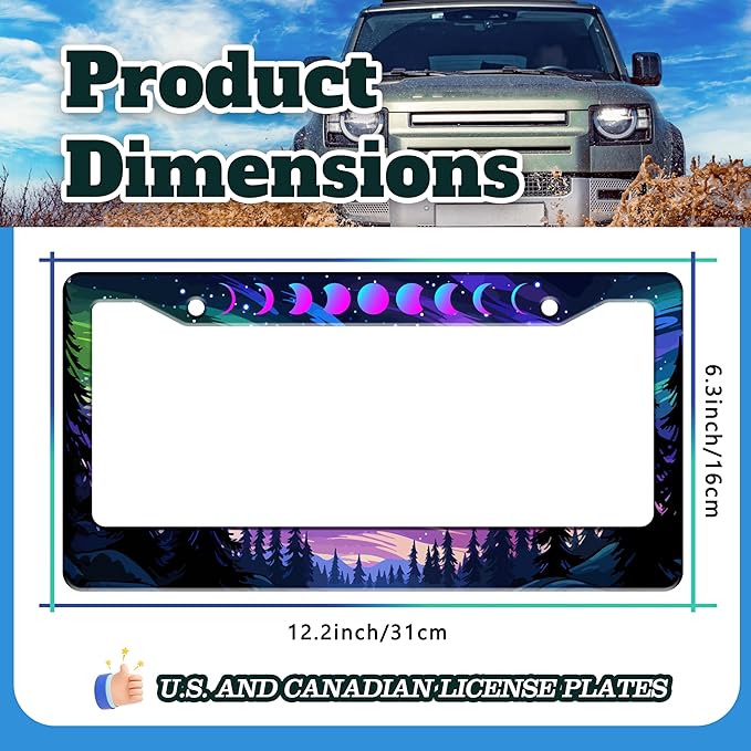Moon Phases Aurora Forest License Plate Frame Night Sky Stainless Steel License Plate Holder for Front or Rear Car Tags Funny for Car Decoration Accessories with Screws 6.3 X 12.2 in for Women Men