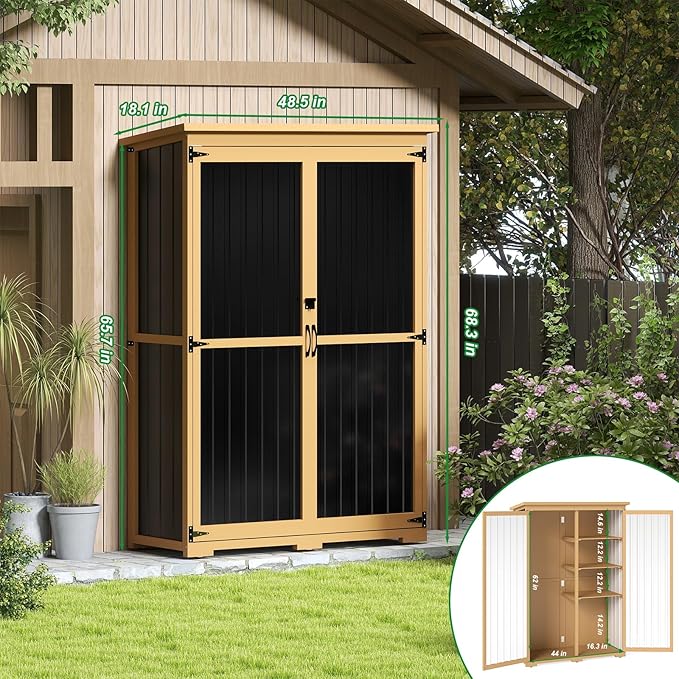 Outdoor Storage Shed with Adjustable Shelf, Wood & Metal Storage Cabinet Waterproof with Lockable Doors & Sloping Roof,Vertical Garden Shed for Patio Backyard, Tool Shed and Accessories, Brown