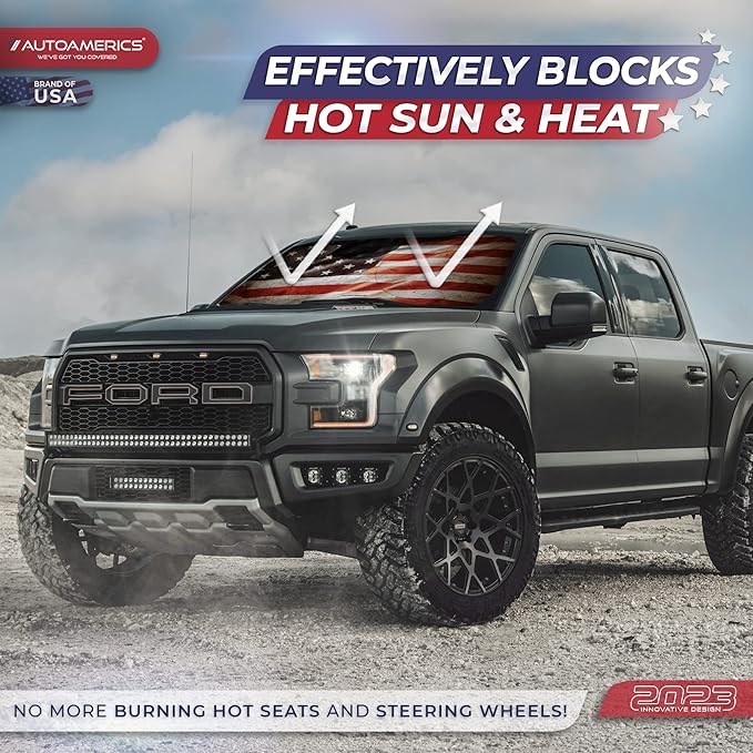 Autoamerics Truck Windshield Sun Shade with Storage Pouch & Anti-Slip Dash Pad - Foldable Grunge USA Flag-1 Design Cover - Fits Most SUVs & Trucks -Reflective 230T Material | X-Large (66 x 36 inches)