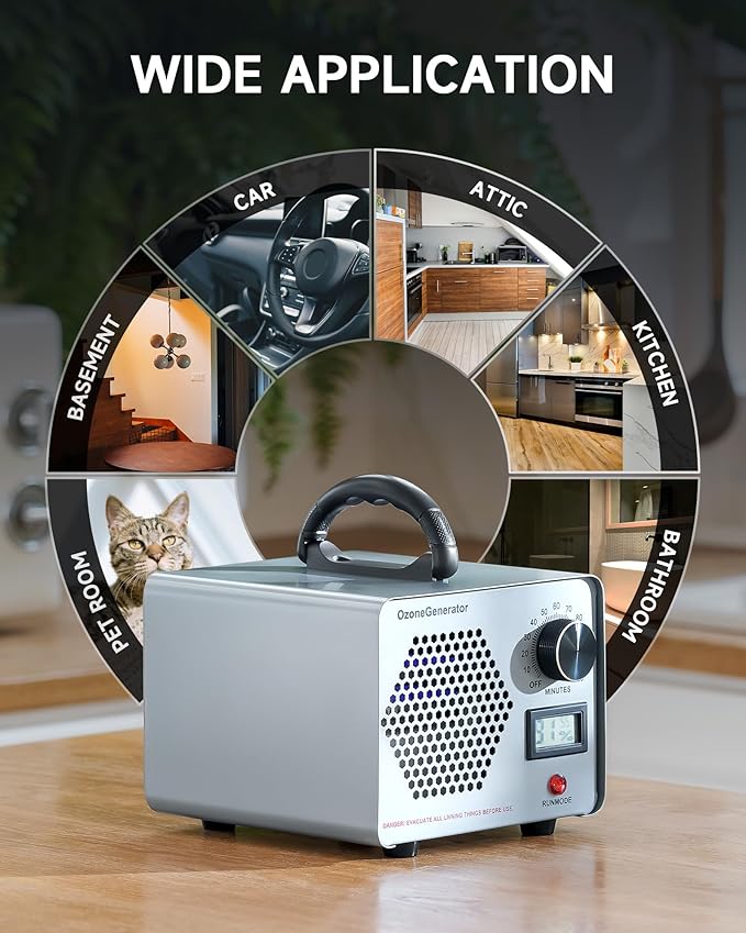 CREWORKS Ozone Odor Machine, Commercial Ozone Generator Air Purifier with Timer Display, 38000 mg/h Ozone Machine for Car Home Smoke Pet Odor Removal, High Capacity for 3200 sq ft Room, Silver