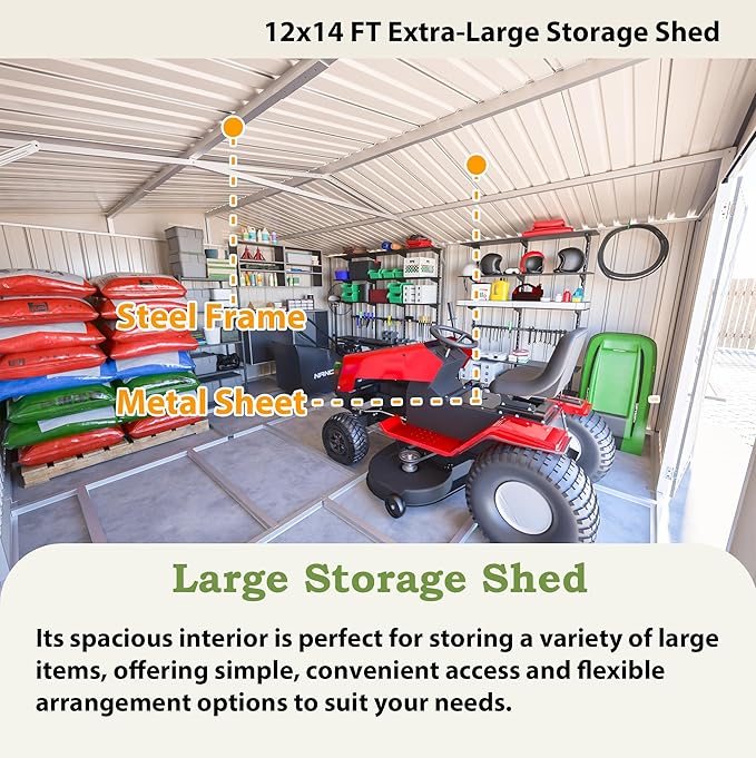 Outdoor Storage Shed, 12 X 14ft Metal Galvanized Steel Garden Shed with Floor Frame, Utility Tool Shed Storage House with Window for Backyard, Patio, Lawn