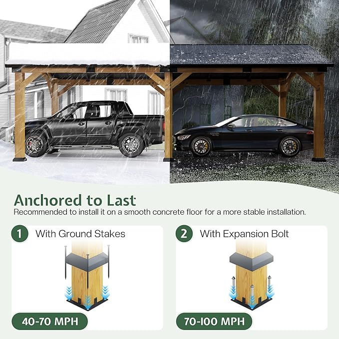 Jocisland 12x24 FT Cedar Wood Hardtop Carport with Steel Roof, Waterproof Outdoor Gazebo Pavilion, Heavy-Duty Snow & Wind Resistant Canopy for Patio, Driveway, Garden