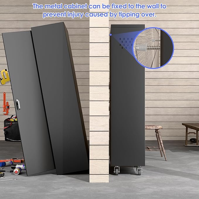 Garage Storage Cabinet with Wheels, 61.7" H Broom Closet Storage Cabinet with Hanging Rod, 5 Pegboard and 13 Hooks, Metal Cabinets with Locking Doors and 4 Shelves, Black