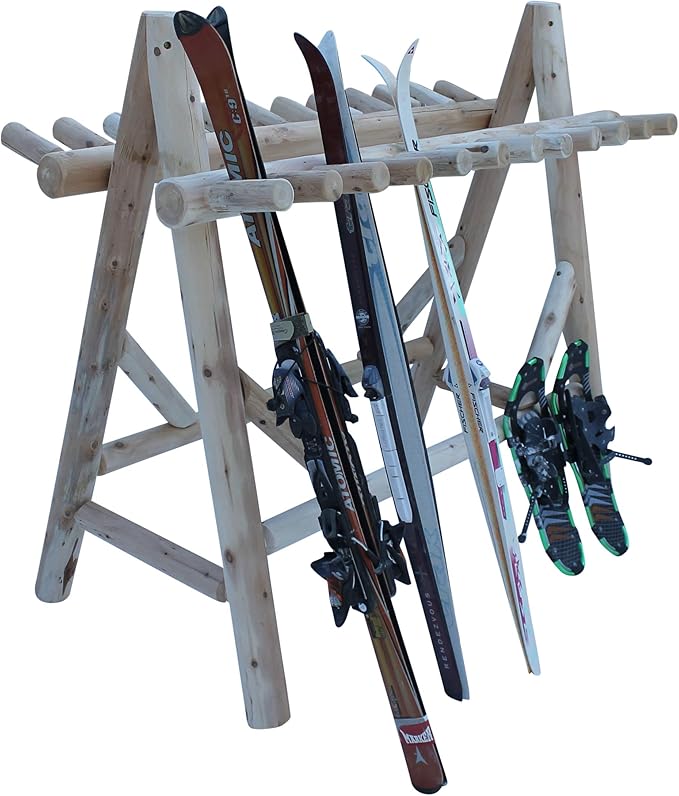 22-Place Freestanding Ski Log Racks, Pole Ski Holders, Garage Racks for Organization, Pole Stands, Snowboard Rack Garage, Snow Skis Sports Storage - Natural