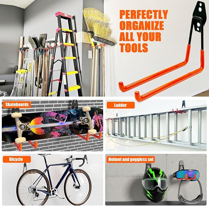 Heavy-Duty Garage Hooks -4 Pack Type large J - Anti-Slip Coated Wall-Mounted Hooks Wall Mount Storage Organizer for Hanging Power and Garden Tools, Ladders, Hose, Bikes, Ropes, Bulk Items, and More