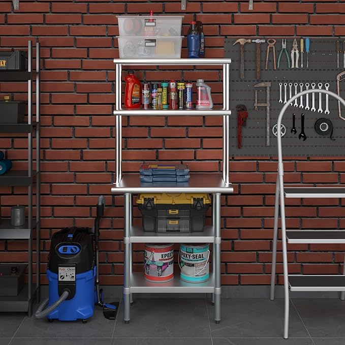 AmGood Stainless Steel Work Table with 2 Shelves | NSF (18" x 30" Table with 2 Shelves + 12" Overshelf)