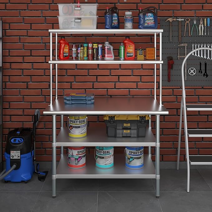 Amgood Stainless Steel Work Table with 2 Shelves | Metal Kitchen Prep Table & Shelving Combo (30" x 48" Table with 2 Shelves + 18" Overshelf)