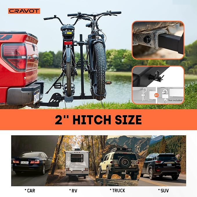 CyberRack E2 Hitch 2 EBike Rack with Ramp, 200 lbs Capacity Electric Bike Carrier Foldable Platform Mount, Up to 5-inch Fat Tire Bicycle for 2'' Receiver Cars Trucks SUVs Minivans RV, Trailer