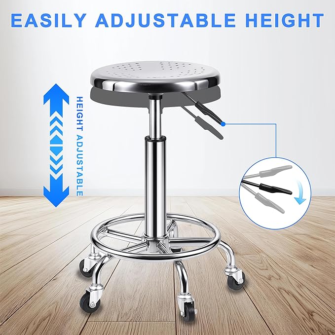 Rolling Stool, Stainless Steel Workbench Stool, Adjustable Swivel Stool Medical 5 Wheels, 304 Stainless Steel Structure Laboratory Round Pad, Load Capacity 445 lbs (Silver)