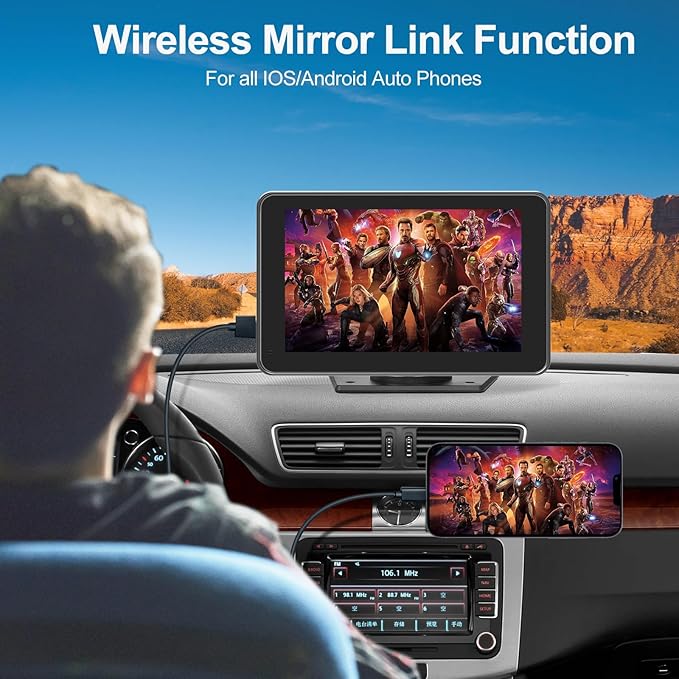 Portable Apple Carplay/Android Auto Screen for Car, 7 Inch HD Touch Screen Wireless Car Play with Backup Camera, Voice Control, BT, FM, Mirror Link for All Vehicle