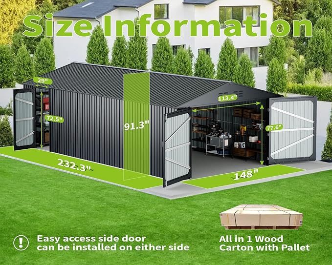 20 x 13 FT Outdoor Storage Shed, Large Metal Garden Shed with 2 Lockable Doors, Tool Shed Outdoor Storage with 4 Air Vents, Garage Shed Waterproof for Car, Truck, Bike, Garbage Can, Tool, Black