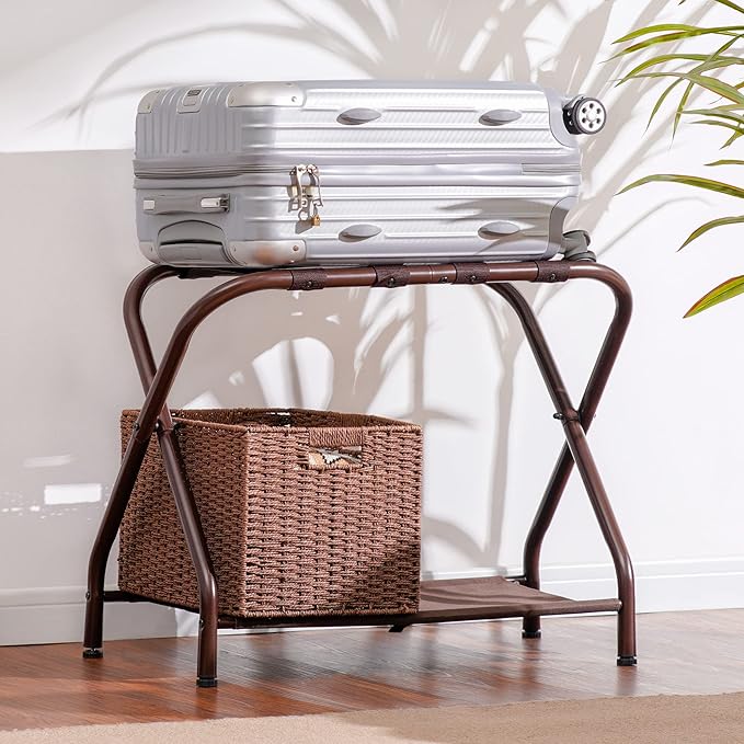Heybly Luggage Rack, Steel Folding Suitcase Stand with Storage Shelf for Bedroom, Hotel, Foldable Steel Frame, Guest Room Bedroom Hotel, 22.8" L x 11.8" W x 20.9" H, Brown HLR004Z1