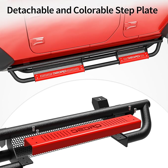oEdRo 6 inch Running Boards Compatible with 2018-2025 Jeep Wrangler JL Unlimited 4 Door, Bolt-on Drop Side Steps Rails, Powder Coated Black and High Gloss Red Nerf Bar