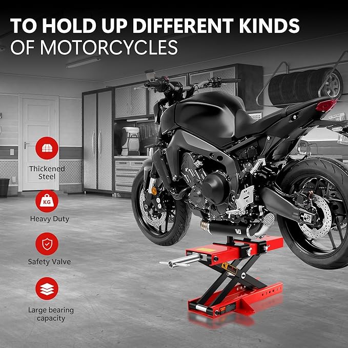 Motorcycle Scissor Lift Jack 1100LBS, Heavy Duty Bike Lift with Safety Lock Pin & Non-Slip Saddle, 3.7"-18.7" Lift Range for Cruisers, ATVs, Dirt Bikes