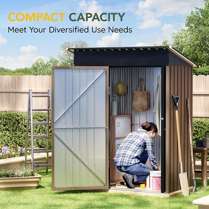 5x3FT Vertical Outdoor Steel Storage Shed, Lockable Doors, Compact Metal Tool Shed for Garden, Backyard, Patio, Utility, and Bike Storage,Brown