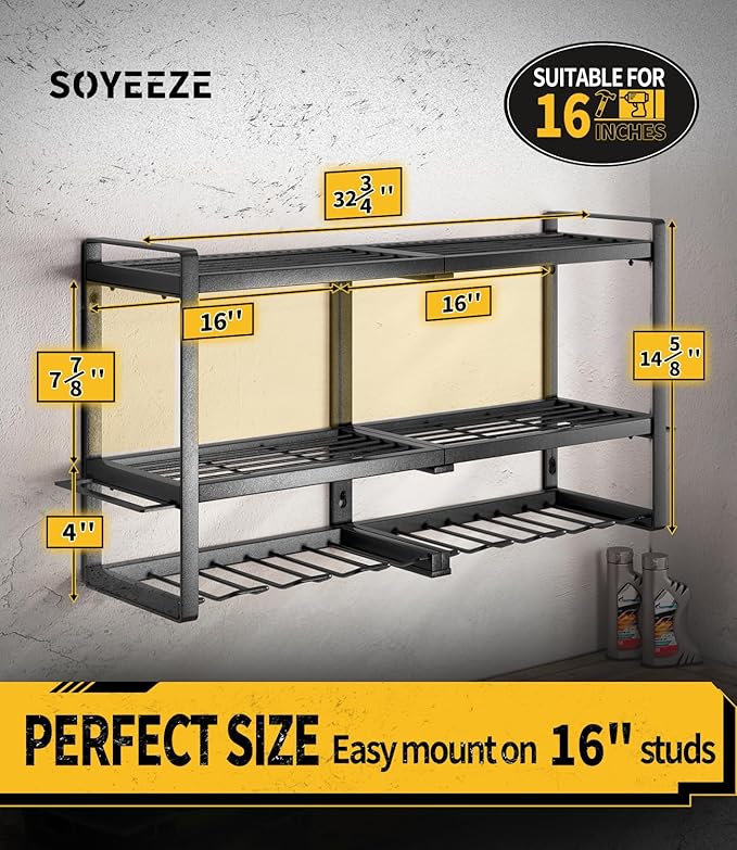 SOYEEZE Power Tool Organizer & Storage Wall Mount - Heavy Duty Metal 8 Drill Holder, 3 Layer Premium Garage Utility Power Tool Rack &Tool Shelf，Great as Gifts for Men Father's Day-Large-Black