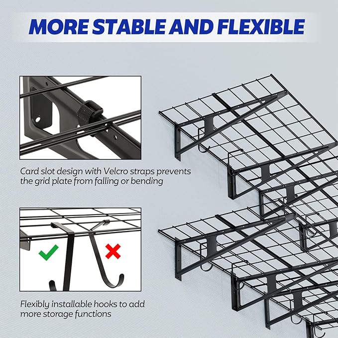2-Pack Garage Wall Shelving, 2x6 FT Garage Shelving Wall Mounted, Heavy Duty Metal Shelves with 8 Bike Hooks, 1200lbs Load Capacity Floating Shelves, 24-inch-by-72-inch Wire Shelving Wall Mounted