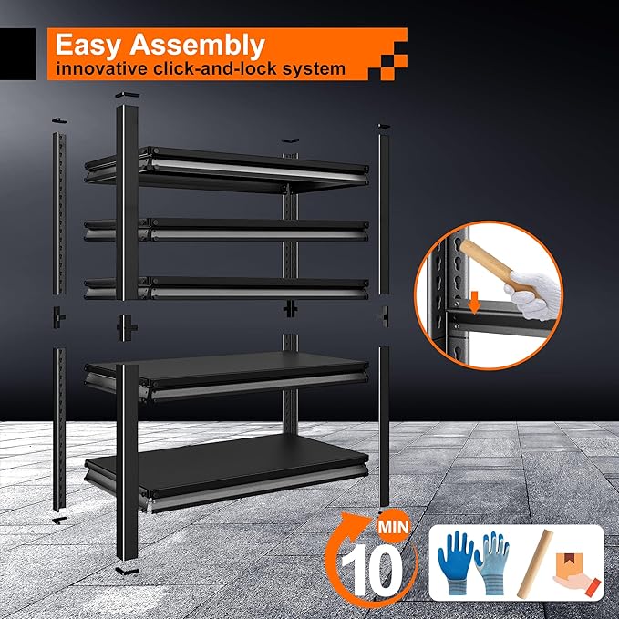 Heavy Duty Shelves, 48'W24'D78'H, 5-Tier Metal Shelves, 3000LBS Loads, Adjustable, Black, For Garages, Warehouses