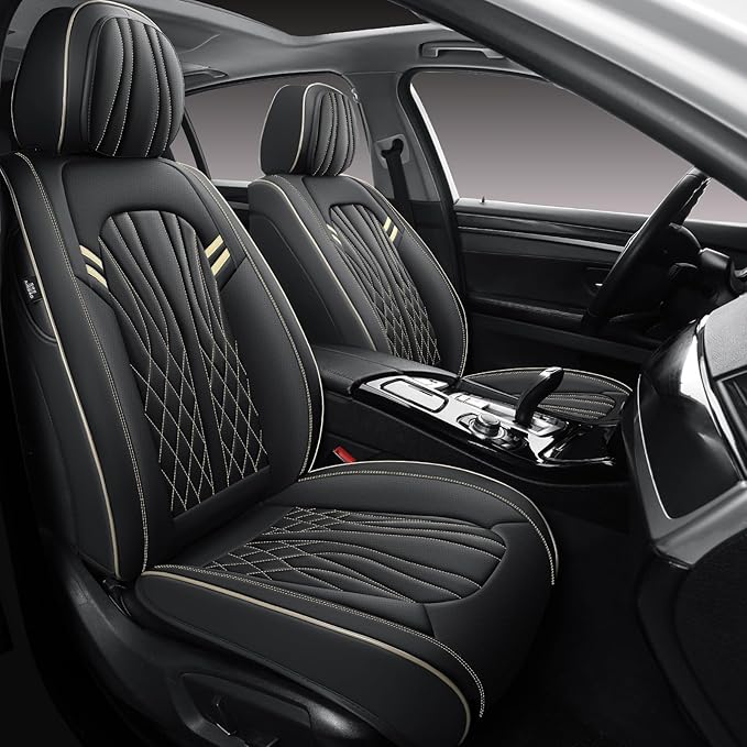 Seat Covers for Cars, Waterproof Seat Covers, Leather Car Seat Covers 2 Pack, Universal Seat Cushion Protector for Most Cars Black&Beige Line