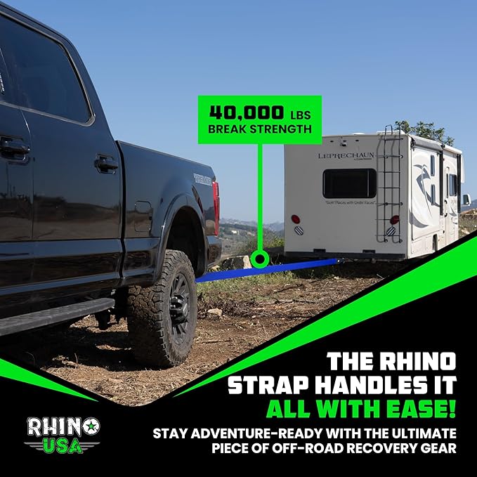 Rhino USA Recovery Tow Strap (4" x 30') - 40,320lb Break Strength - Emergency Recovery Strap Tow Rope for Diesel Trucks, Backhoe, Excavators & More - Heavy Duty Towing Strap for Offroad 4x4 Use (Blue)