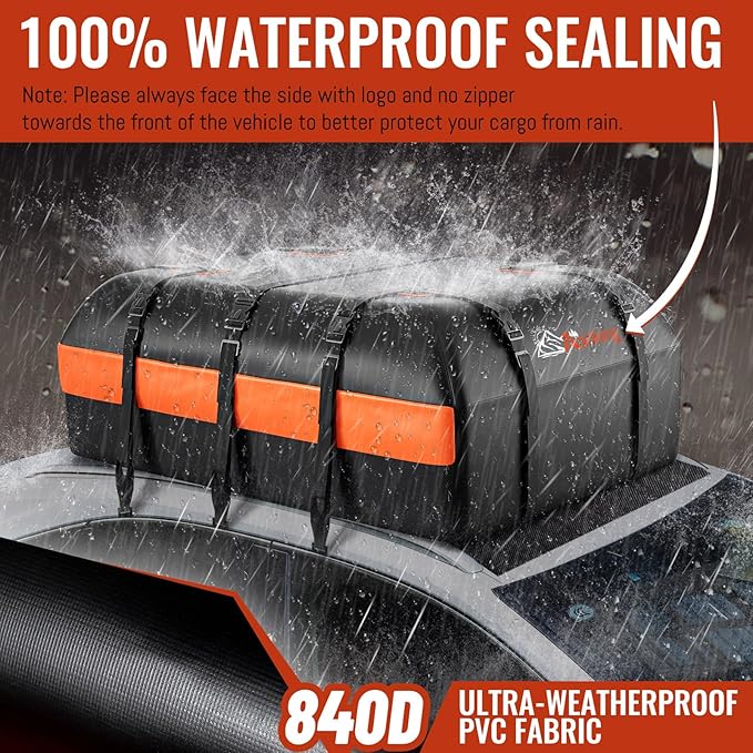 Car Rooftop Cargo Carrier Bag, 20 Cubic Feet Waterproof Heavy Duty 840D Car Roof Bag for All Vehicle with/Without Racks - Anti-Slip Mat, 6 Door Hooks, Storage Bag, 2 Extra Straps, Luggage Lock