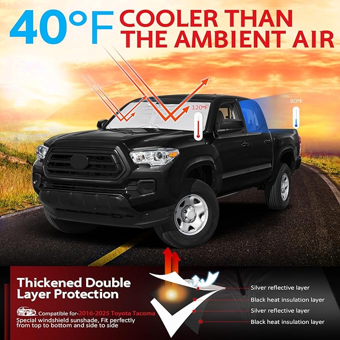 KAYZT Windshield Sun Shade for Toyota Tacoma 2016-2025 Foldable Sunshade Front Window Custom Fit Accessories