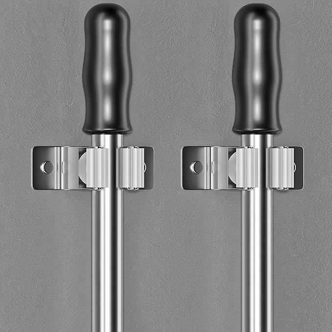 Self Adhesive Broom and Mop Holder Wall Mounted – SUS304 Stainless Steel 2-Slot Organizer with Anti-Slip Rubber Grips, 25lb Load, Adjustable for 0.6–1.4" Handles, Garage Kitchen Bathroom Use, 3 Pack