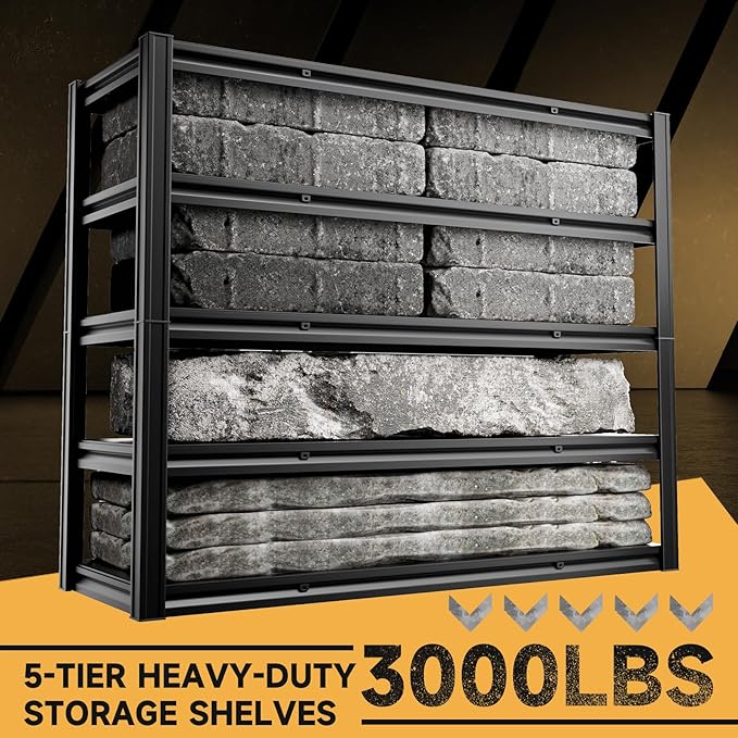 5-Tier 60" W x 20" D x 72" H Garage Shelving Metal Storage Rack 3000LBS Garage Shelving Heavy Duty Adjustable Storage Shelves Unit for Industrial Warehouse Basement Utility Shelf (Black)