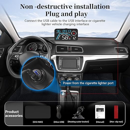 Head Up Display G12, A Car Head Up Display with Multifunctional Mileage Display, Suitable for All GPS Speedometer Models, USB Plug and Play, Easy Installation