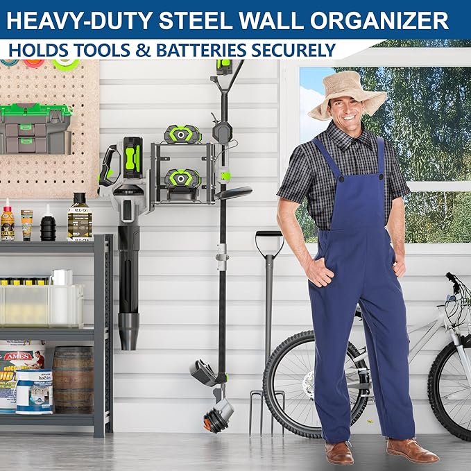 Pugala Universal Storage Rack for Leaf Blower, Weed Eater, and Power Tools – Adjustable Wall Mount Organizer with Heavy-Duty Steel, Powder-Coated Finish, and Battery Storage – Black