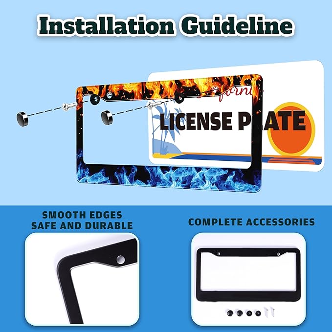 Red and Blue Flames License Plate Frame Abstract Fire License Plate Holder for Front or Rear Car Tags Stainless Steel Funny Car Decoration with Screws 6.3 X 12.2 in