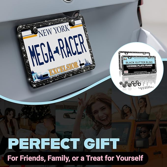 Elegant Bling License Plate Frames for Women - 2 Pack, 1600 Premium Black Rhinestones, Rust-Free Stainless Steel, Street Legal Slim Design, Sparkly Diamond Car Tag Holders with Glitter Crystal Covers