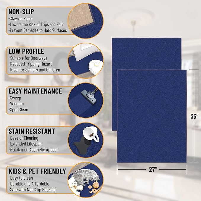 Ottomanson Rugs for Entryway 2'3" x 3' - 2 Pack Non Slip Solid Small Area Rugs Durable Front Door Mat Rug Stain Resistant Entrance Rugs for Bathroom Kitchen Bedroom & Living Room, Navy