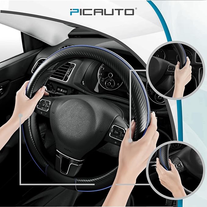 PIC AUTO Steering Wheel Cover, Blue Piping Leather, Sports Carbon Fiber and Super Breathable Leather, Universal 14.5-15.5 Inch Anti-Slip Steering Wheels Accessories for Men & Women