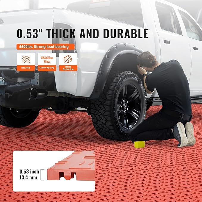 VEVOR Interlocking Garage Floor Covering Tiles, 50 Pack, 12 x 12 x 0.53 inch, Double-Sided Texture, Non-Slip, Red