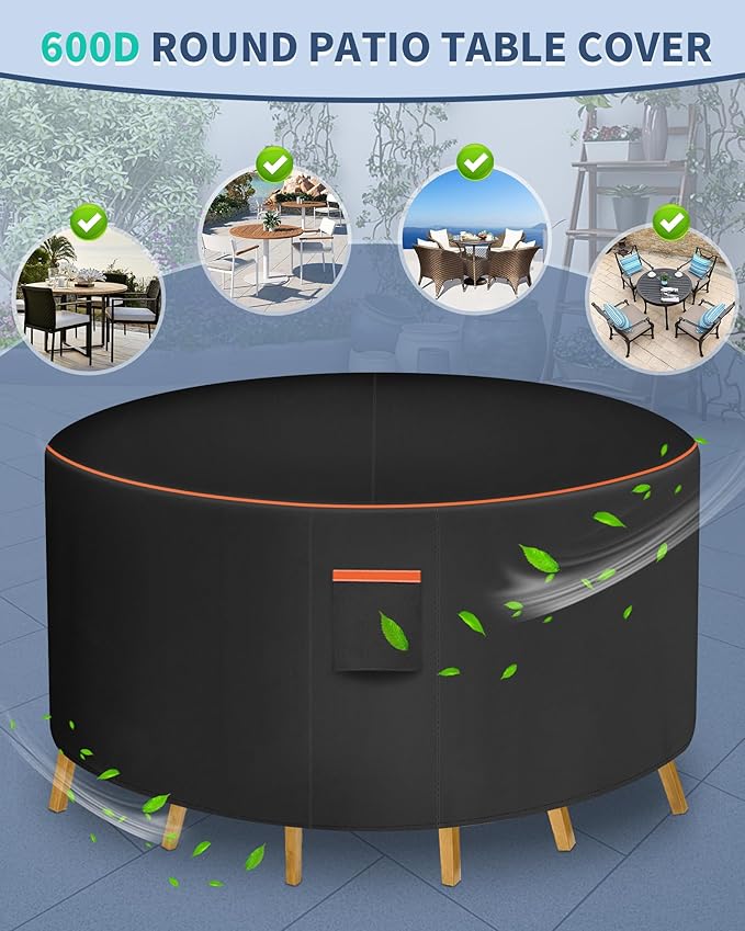 Round Patio Furniture Cover, 96 Inch Diameter Waterproof 600D Heavy Duty Table and Chair Set Protection Black