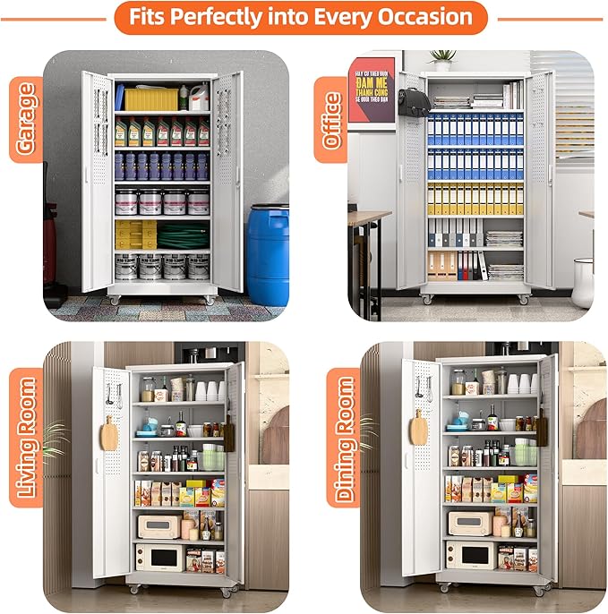 71" H×32" W×16" D Garage Storage Cabinet with Wheels, Locking Metal Storage Cabinet with 5 Adjustable Shelves, 4 Hooks and Pegboard for Garage, Home Office, Kitchen, Assembly Required, White