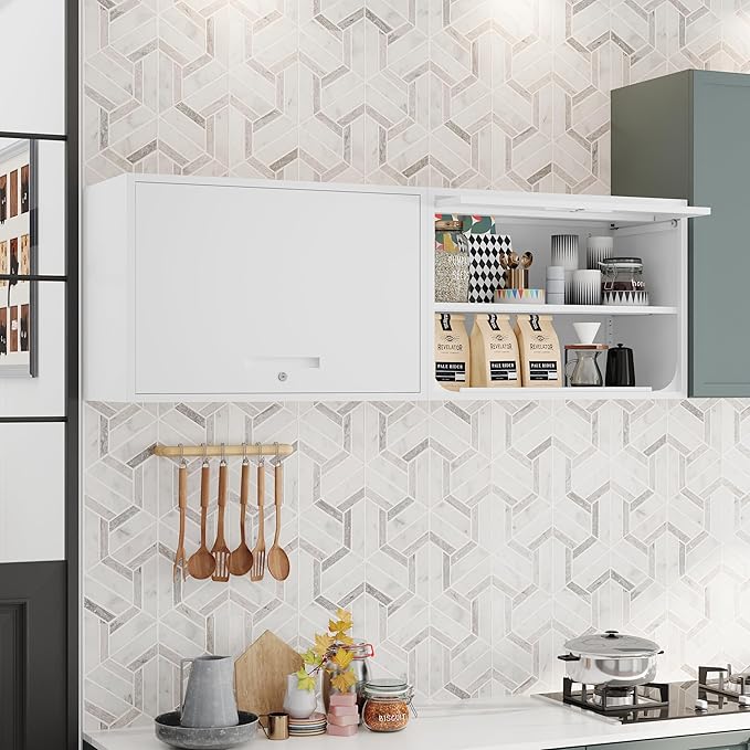Metal Storage Cabinet White Wall Cabinets with Shelf and Locking Door - Wall Mounted Storage Cabinet for Garage Warehouse Home Office - Assembly Required