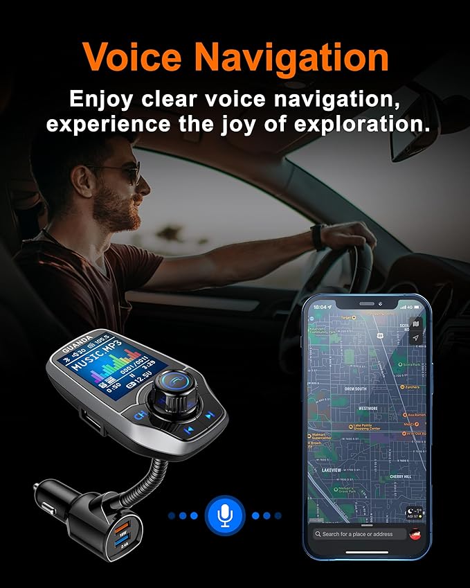Upgraded Bluetooth FM Transmitter for Car, Wireless Radio Adapter Kit W 1.8" Color Display Hands-Free Call AUX in/Out SD/TF Card USB Fast Charging 18W for All Smartphones Audio Players - Pewter