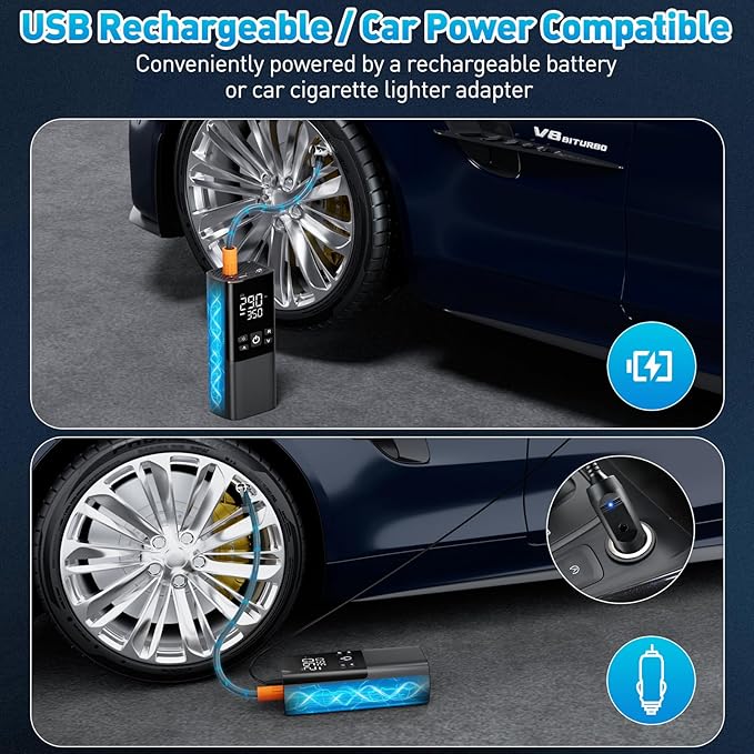 Tire Inflator Portable Air Compressor – Dual Power Mode, Built-in Battery & 12V Car Plug | Fast Inflation, Auto Shut-Off, Dual Pressure Display & LED Light for Cars, Motorcycles, Gifts for Men