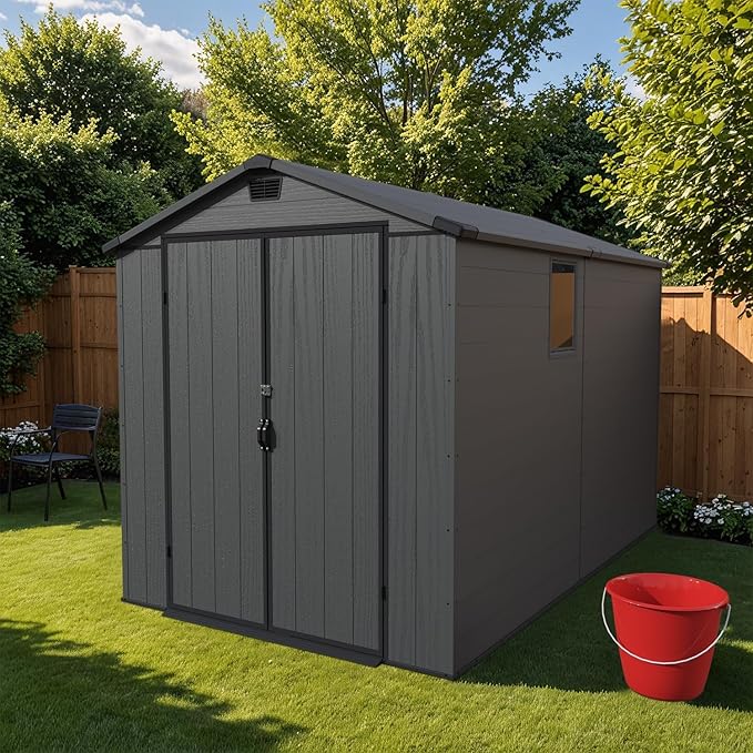 Patiowell 6x10 FT Outdoor Plastic Storage Shed with Floor - Lockable Resin Tool Shed, 2 Windows, Easy Assembly for Garden/Backyard (Dark Grey)