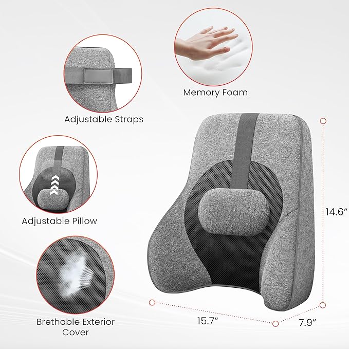 COMFIER Back Lumbar Support Pillow for Office,Car,Heated Back Support with 4 Shiatsu Massage Heads & Heating Function, Memory Foam Lumbar Pillow for Computer Gaming Chair-Gray