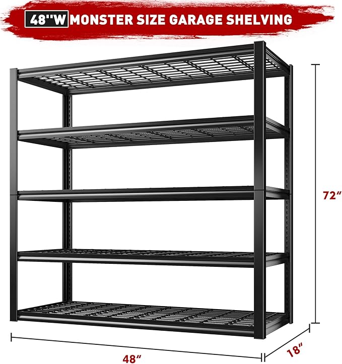 REIBII 48" W Garage Shelving Heavy Duty Load 2500LBS, 5 Tier Storage Shelves, Adjustable Metal Shelves for Warehouse, Pantry, Basement, 48" W X 72" H X18 D, 4PC