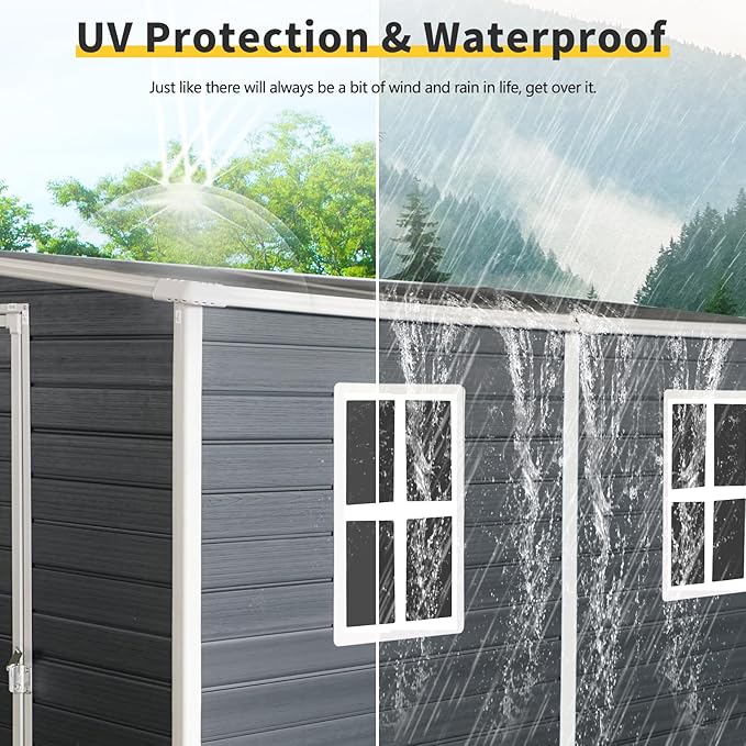 4x8 FT Outdoor Storage Resin Shed with Floor,Waterproof Plastic Garden Bike Shed with Lockable Door, Sloped Roof, Vents & Windows, Easy Assembly Tool Shed for Lawn, Backyard, Patio, Black