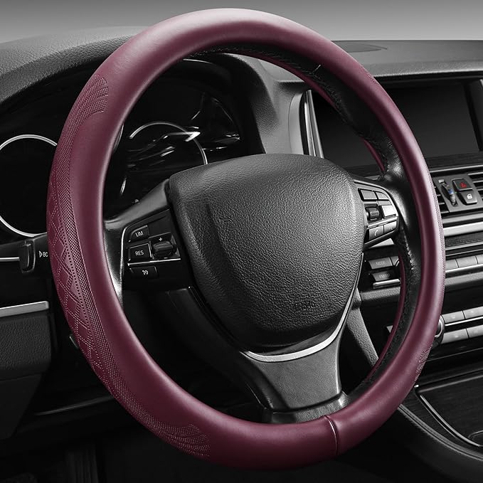 【2025 Model】 High-Grade Real Cowhide Steering Wheel Cover for Men Women，Wine Red Genuine Leather Steering Wheel Cover for Cars,Universal 14.5-15 inch Steering Wheels,Grid & Square Motif