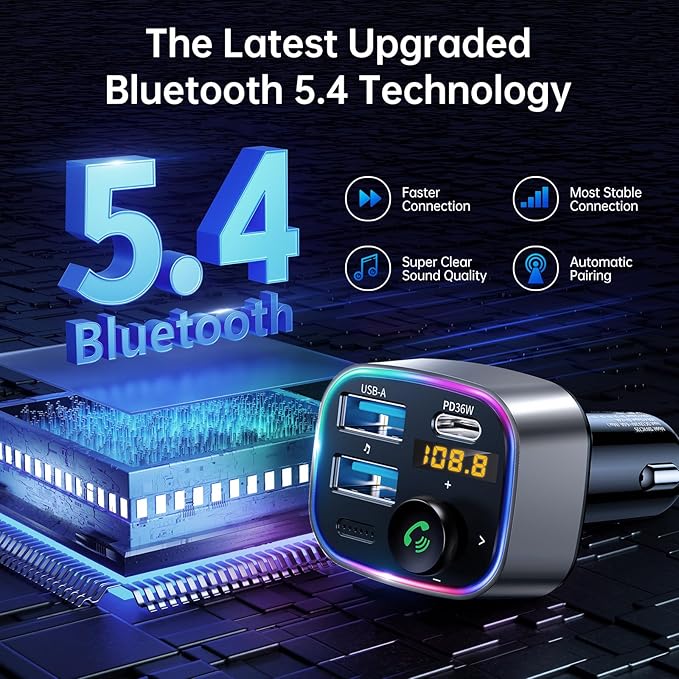 Syncwire Bluetooth 5.3 FM Transmitter Car Adapter 48W(PD 36W & 12W) [Light Switch] [Hi-Fi Deep Bass] [Fast Charging] Wireless Radio Music Adapter LED Display Hands-Free Calling Support USB Drive