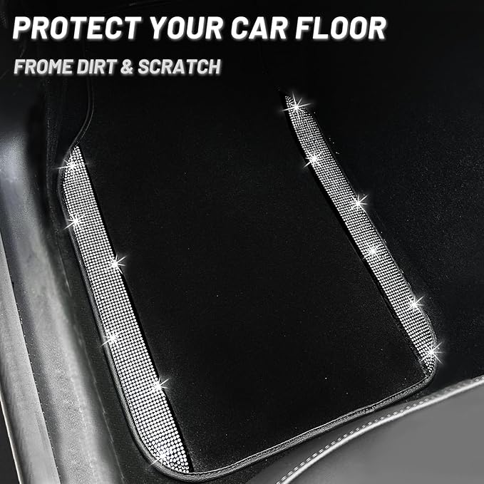 NBTEPEM Bling Car Floor Mats Full Set, Universal Fit Most Cars,SUV, Trucks, 4 pcs Sparkle Glitter Diamond Carpet for Women Girls with Anti-Slip Pad (Silver Diamond)