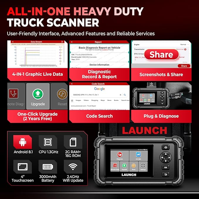 LAUNCH CRP129 HD Heavy Duty Truck Scanner, Full System Diesel Scanner with 7+ Resets, D.P.F Regen, Speed Limit Adjust, Oil Reset for Commercial Vehicles, Cummins, Detroit, Isuzu, Volvo&More