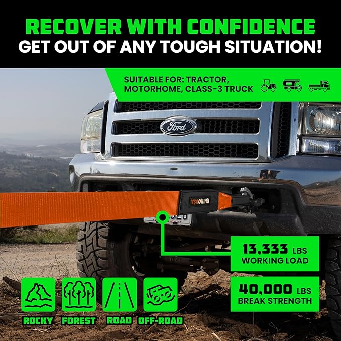 Rhino USA Recovery Tow Strap (4"x30') - 40,320lb Break Strength - Emergency Recovery Strap Tow Rope for Diesel Trucks, Backhoe, Excavators & More - Heavy Duty Towing Strap for Offroad 4x4 Use (Orange)