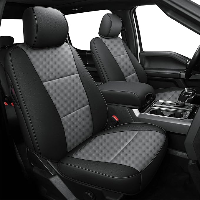 AOMSAZTO Front Seat Covers for Ford F150 XL XLT: 2015-2024 SuperCrew & F250 F350 F450 2017-2024 Super Duty Crew Cab XL XLT Faux Leather Full Set Seat Cover (Black + Grey, 2PCS Front)